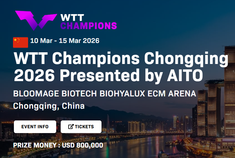 10 Mar - 15 Mar 2026 WTT Champions Chongqing 2026 Presented by AITO BLOOMAGE BIOTECH BIOHYALUX ECM ARENA Chongqing, China